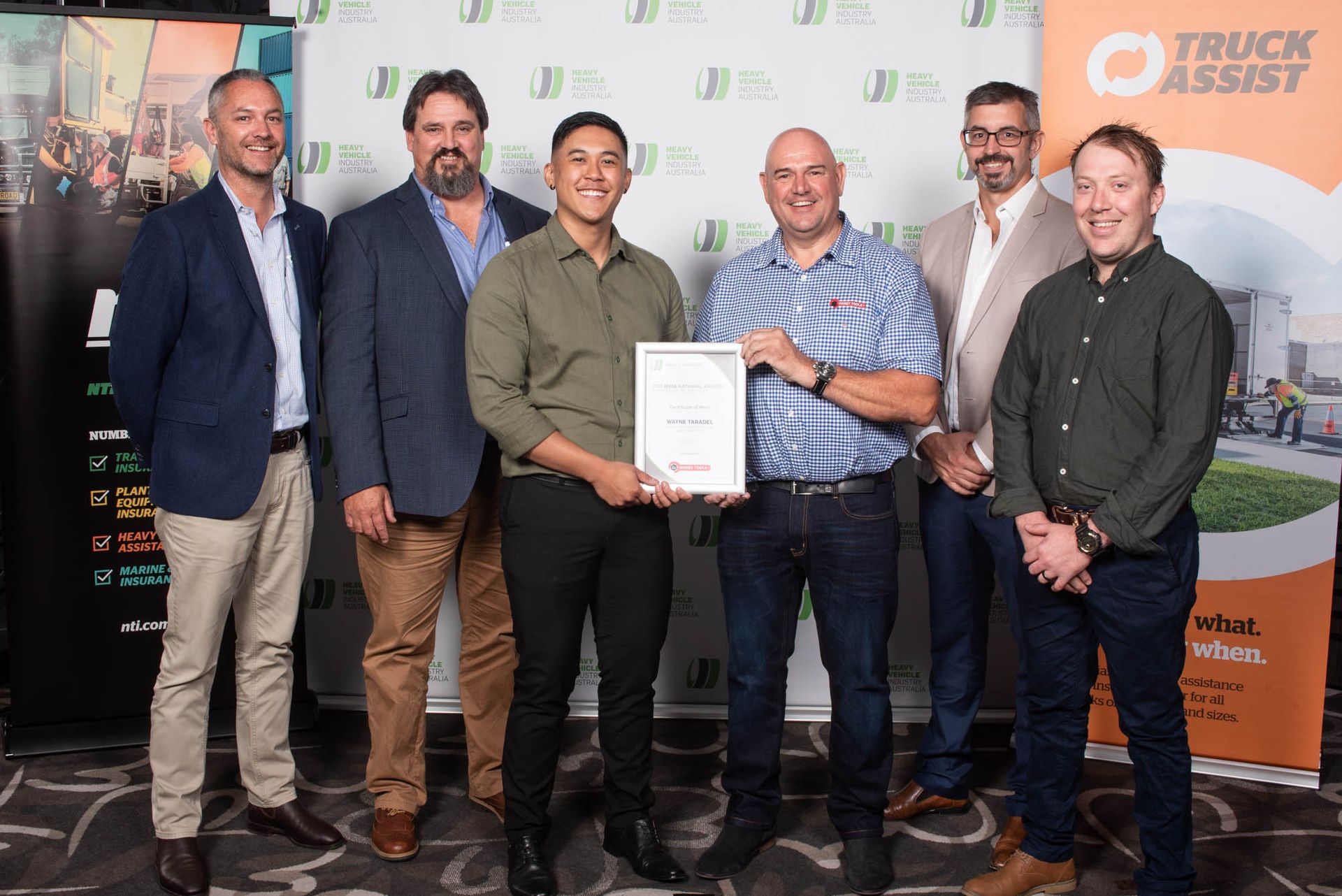 HVIA Awards 2021 - Wayno is surrounded by The Drake Group leaders, Khali, Stephen, Ben, Justin of Warby Tools and Mark of Apprenticeships QLD